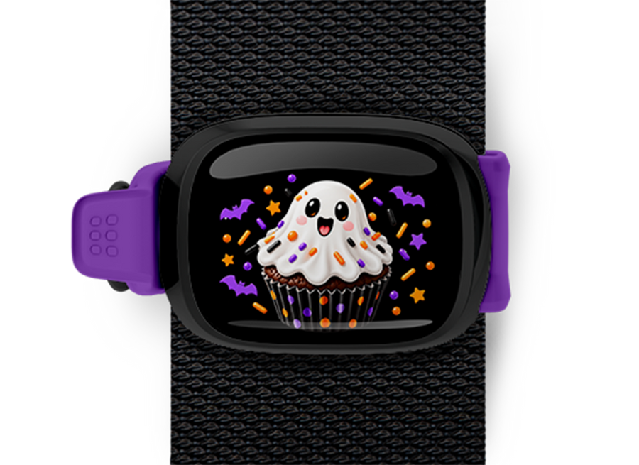 Ghost Cupcake Stwrap Halloween bag tag mounted on a black strap