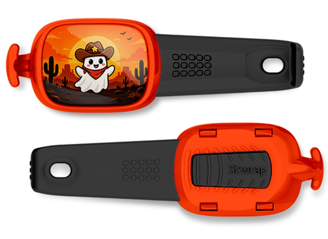 Cowboy Ghost Stwrap bag tag, front design and back view