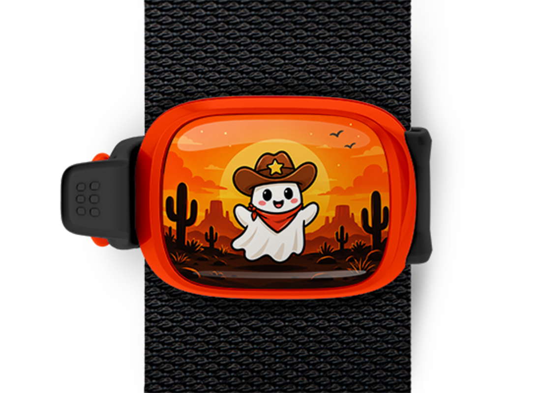 Cowboy Ghost Stwrap Halloween bag tag mounted on a black strap