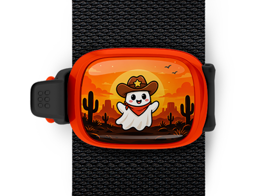 Cowboy Ghost Stwrap Halloween bag tag mounted on a black strap