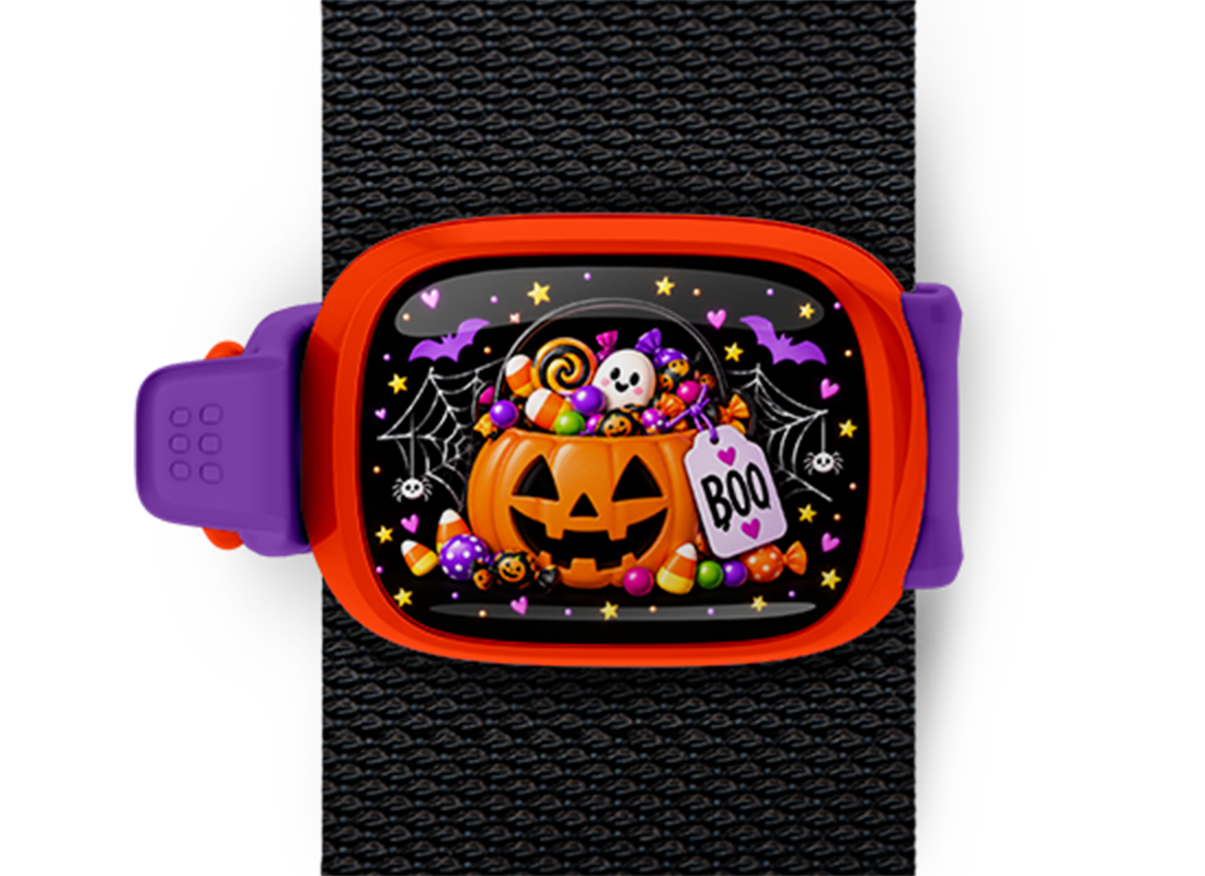 Boo Candy Pumpkin Stwrap Halloween bag tag mounted on a black strap