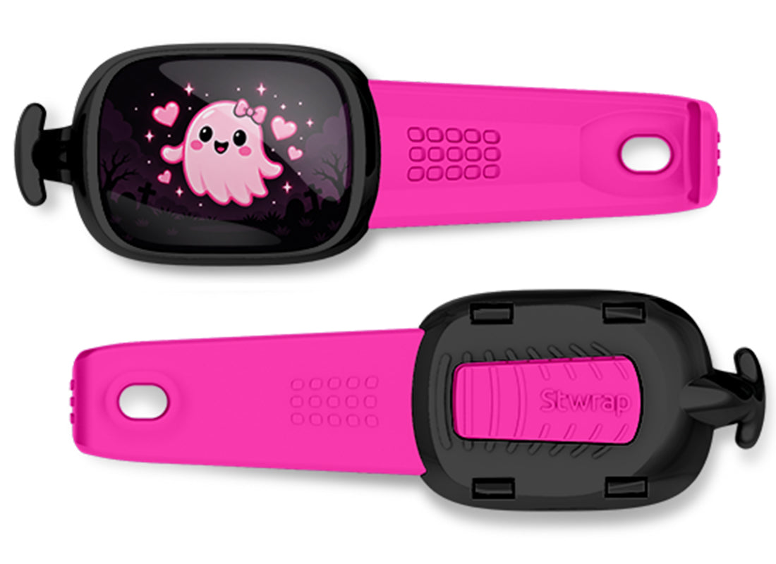 Pink Ghost With Bow Stwrap bag tag, front design and back view