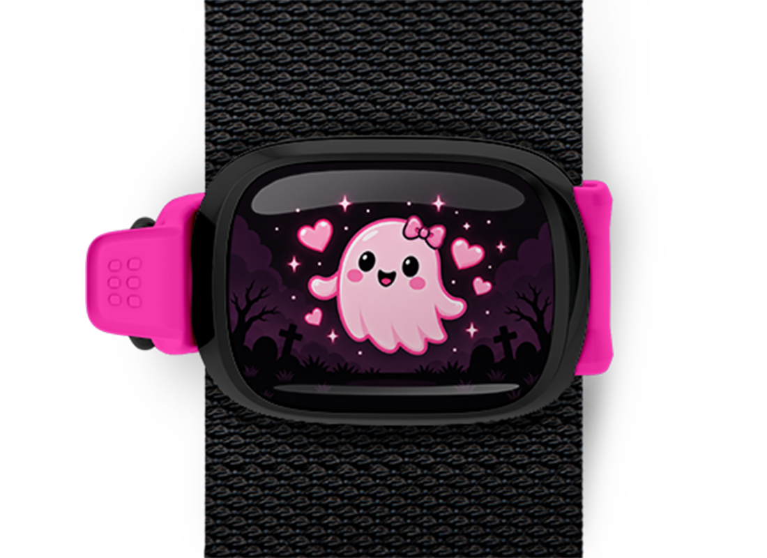 Pink Ghost With Bow Stwrap Halloween bag tag mounted on a black strap