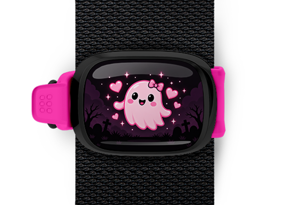 Pink Ghost With Bow Stwrap Halloween bag tag mounted on a black strap