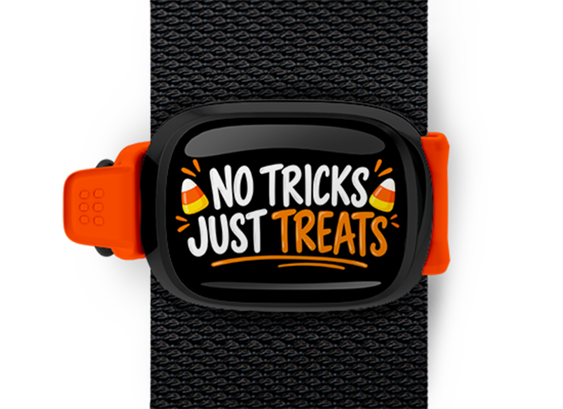 No Tricks, Just Treats Stwrap Halloween bag tag mounted on a black strap