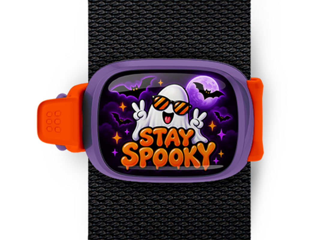 Stay Spooky Sunglasses Ghost Stwrap Halloween bag tag mounted on a black strap