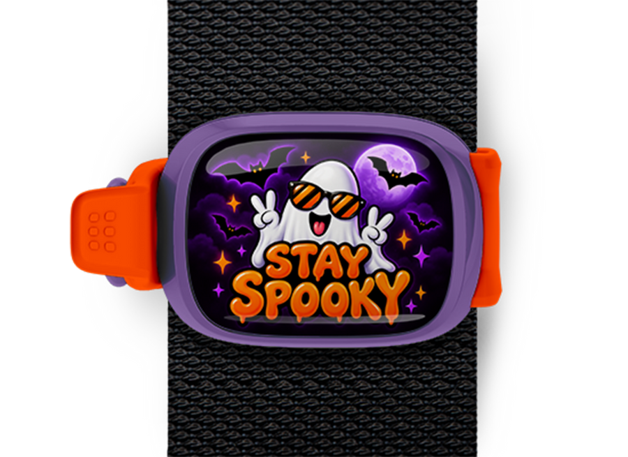 Stay Spooky Sunglasses Ghost Stwrap Halloween bag tag mounted on a black strap
