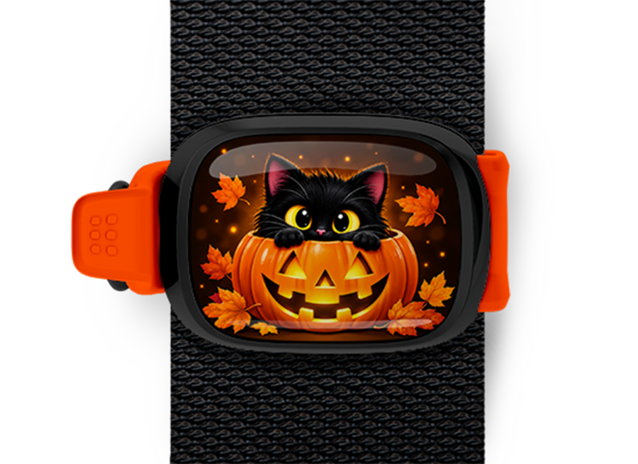Black Cat Jack-o'-Lantern Stwrap Halloween bag tag mounted on a black strap