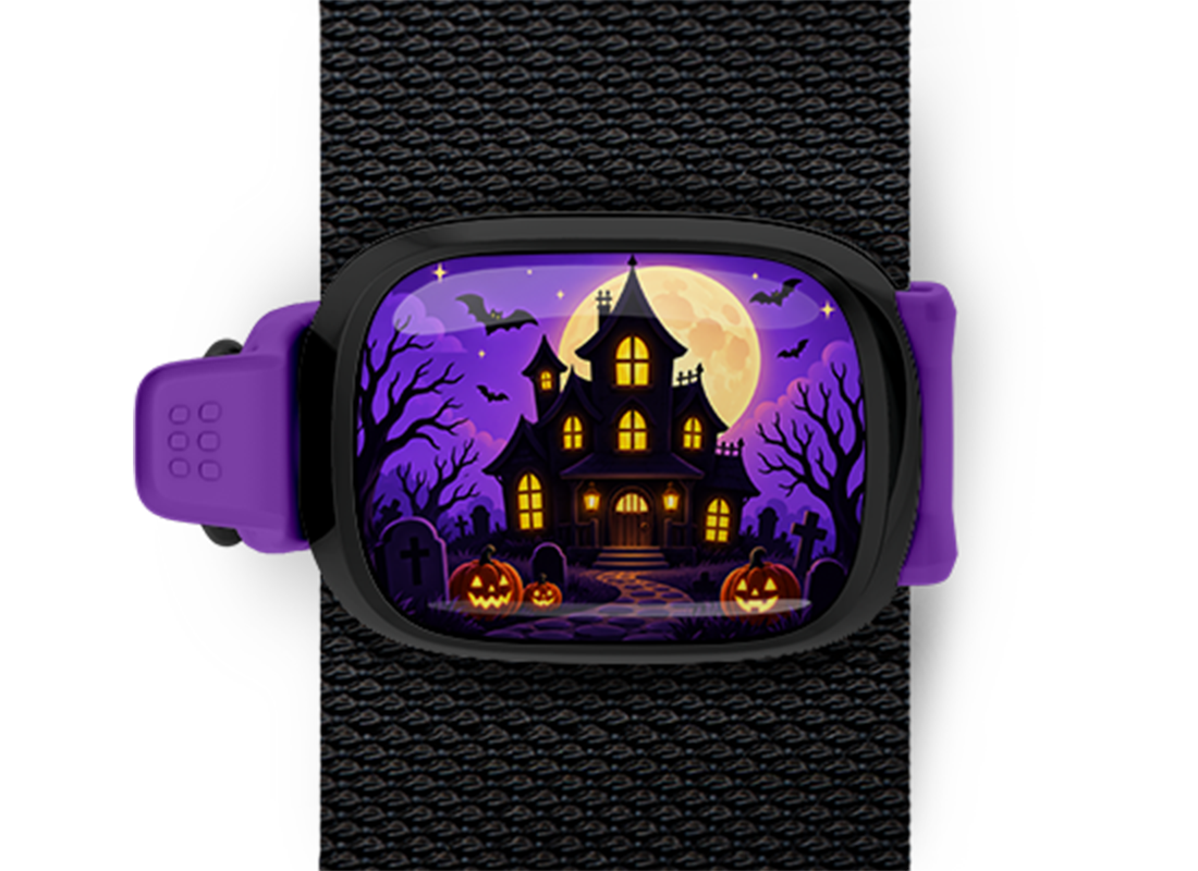 Haunted House Full Moon Stwrap Halloween bag tag mounted on a black strap