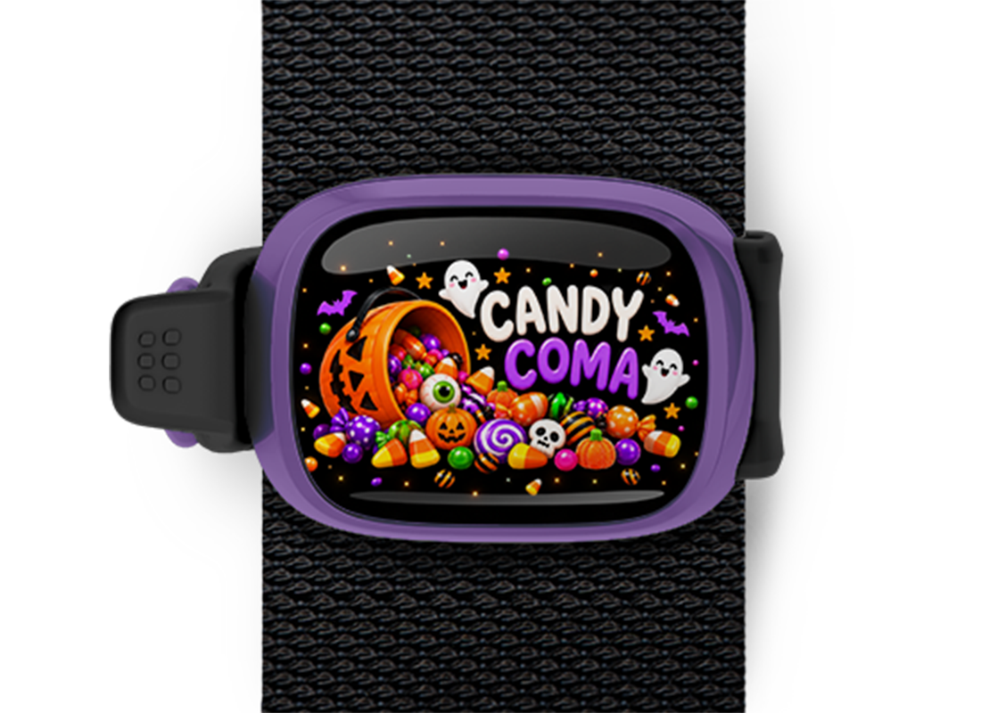 Candy Coma Stwrap Halloween bag tag mounted on a black strap