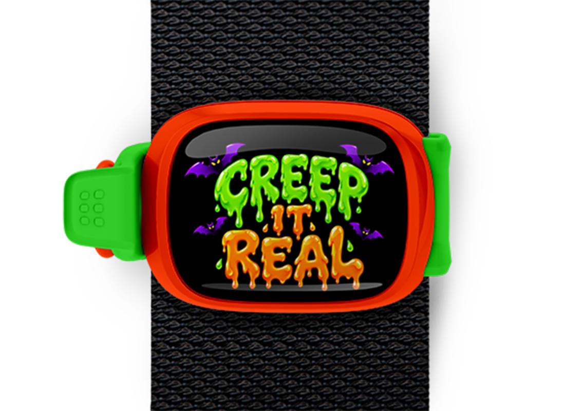 Creep It Real Stwrap Halloween bag tag mounted on a black strap