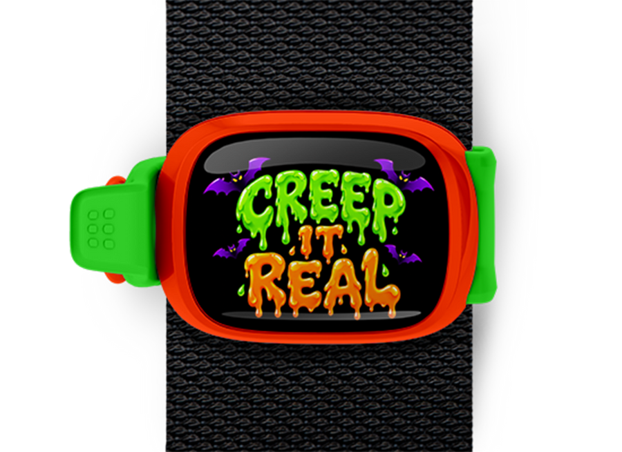 Creep It Real Stwrap Halloween bag tag mounted on a black strap