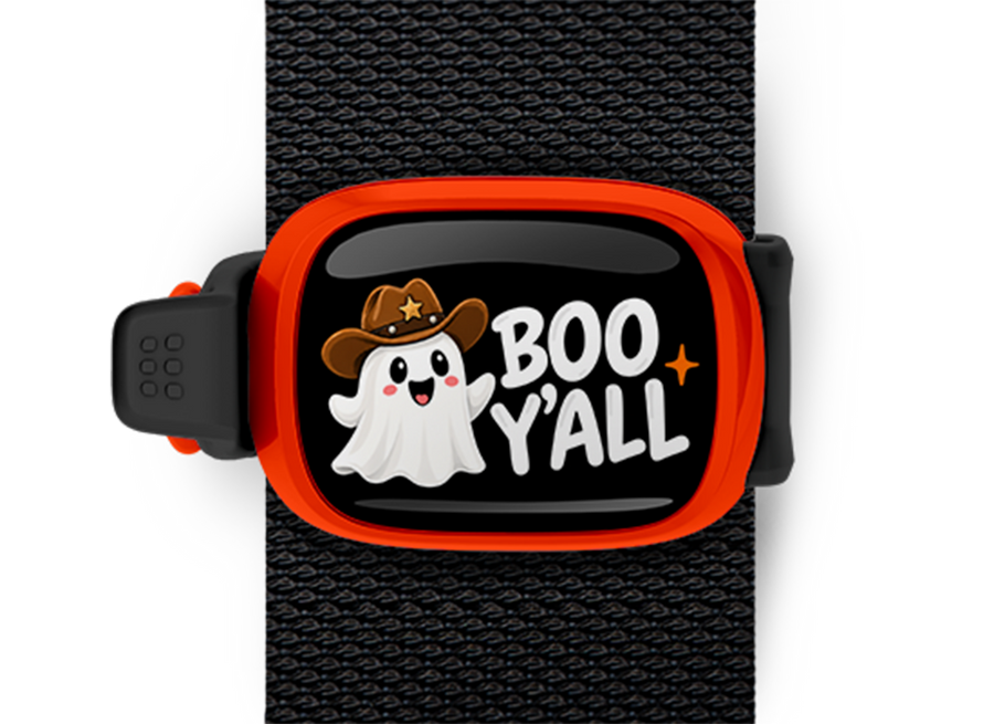 Boo Y'all Cowboy Ghost Stwrap Halloween bag tag mounted on a black strap
