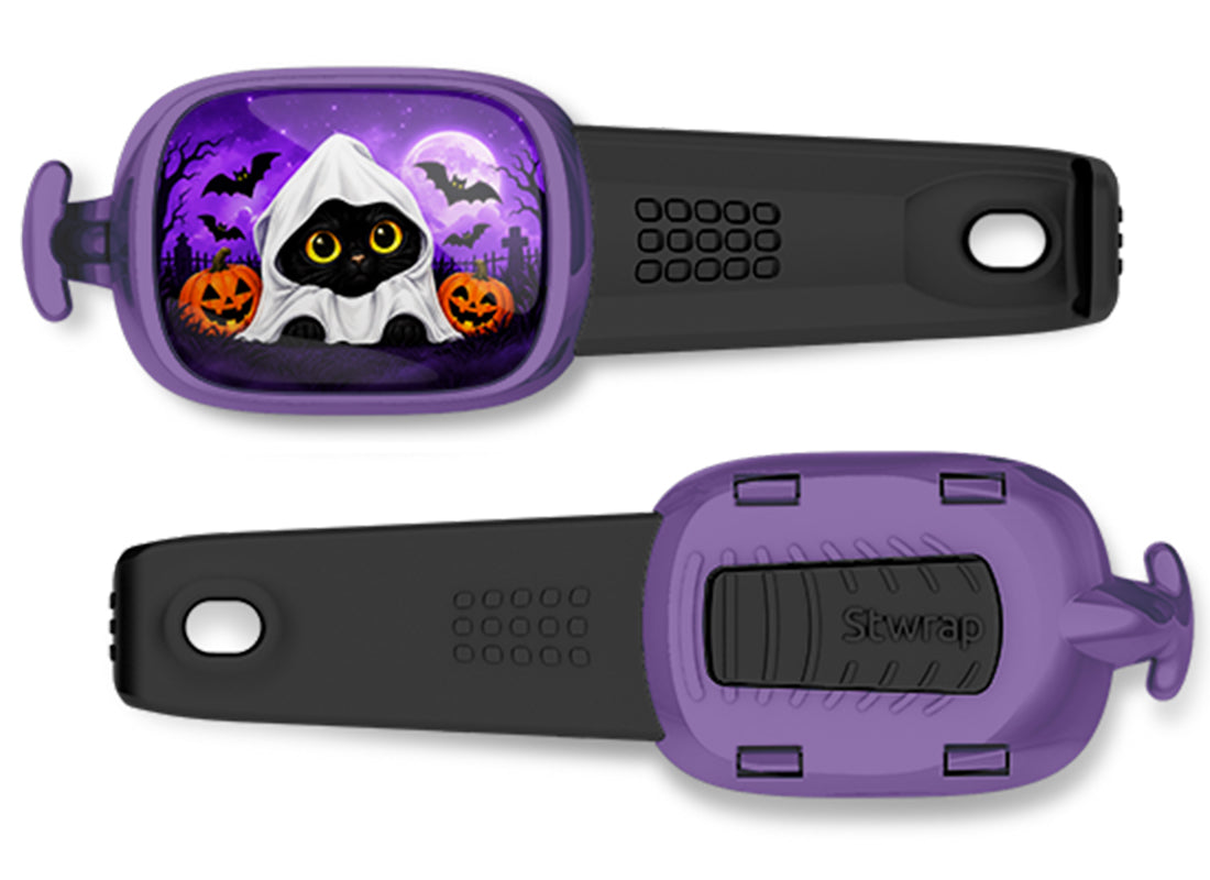 Black Cat Ghost Costume Stwrap bag tag, front design and back view