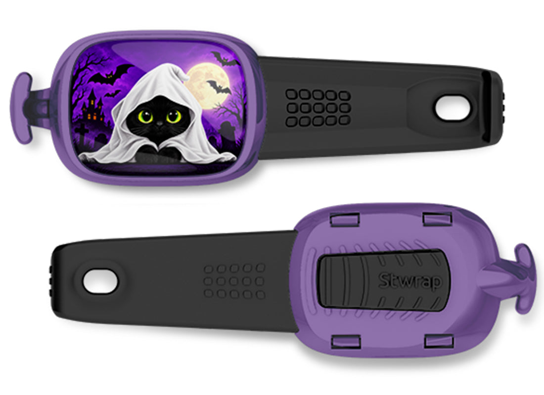 Black Cat Under Ghost Sheet Stwrap bag tag, front design and back view