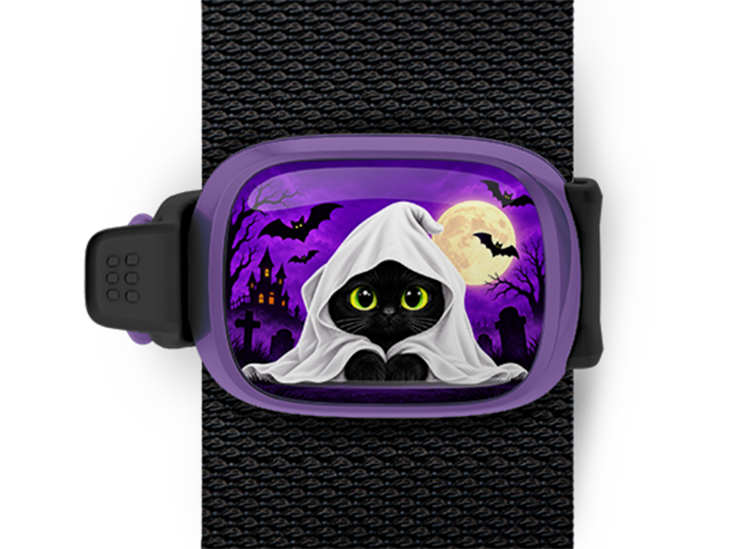 Black Cat Under Ghost Sheet Stwrap Halloween bag tag mounted on a black strap