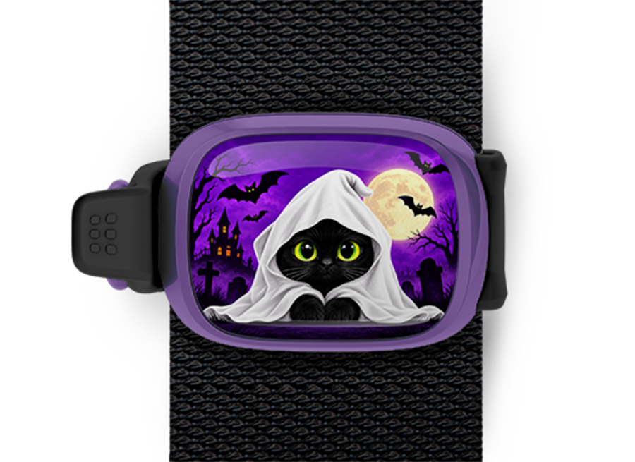 Black Cat Under Ghost Sheet Stwrap Halloween bag tag mounted on a black strap
