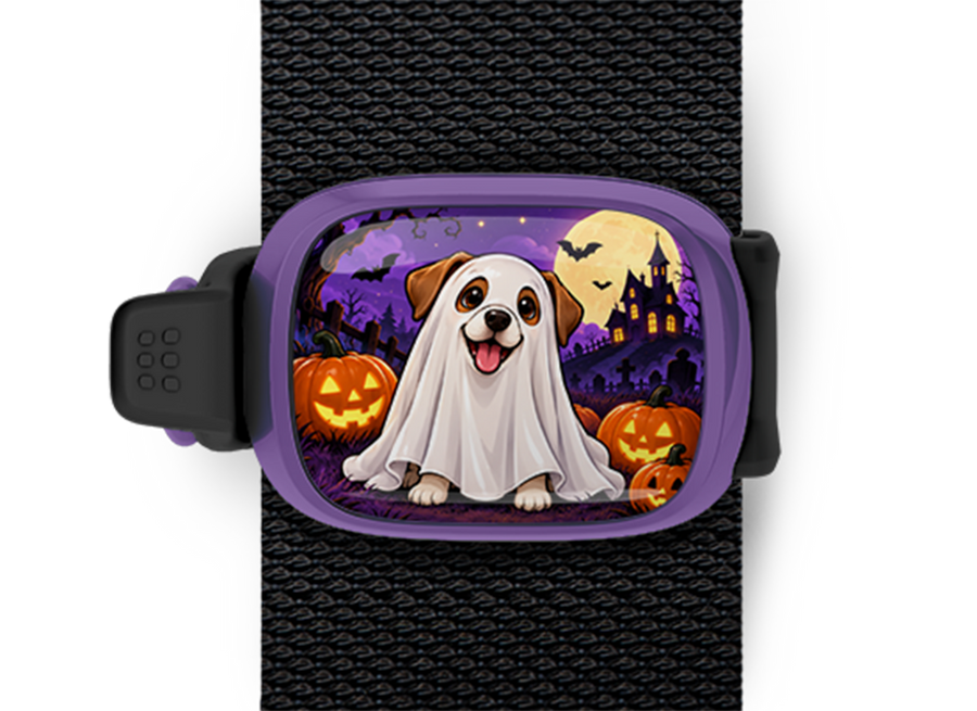 Dog Ghost Costume Stwrap Halloween bag tag mounted on a black strap