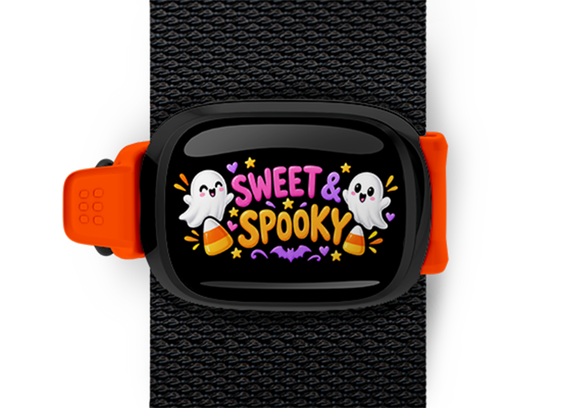 Sweet And Spooky Stwrap Halloween bag tag mounted on a black strap