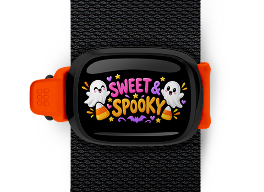 Sweet And Spooky Stwrap Halloween bag tag mounted on a black strap