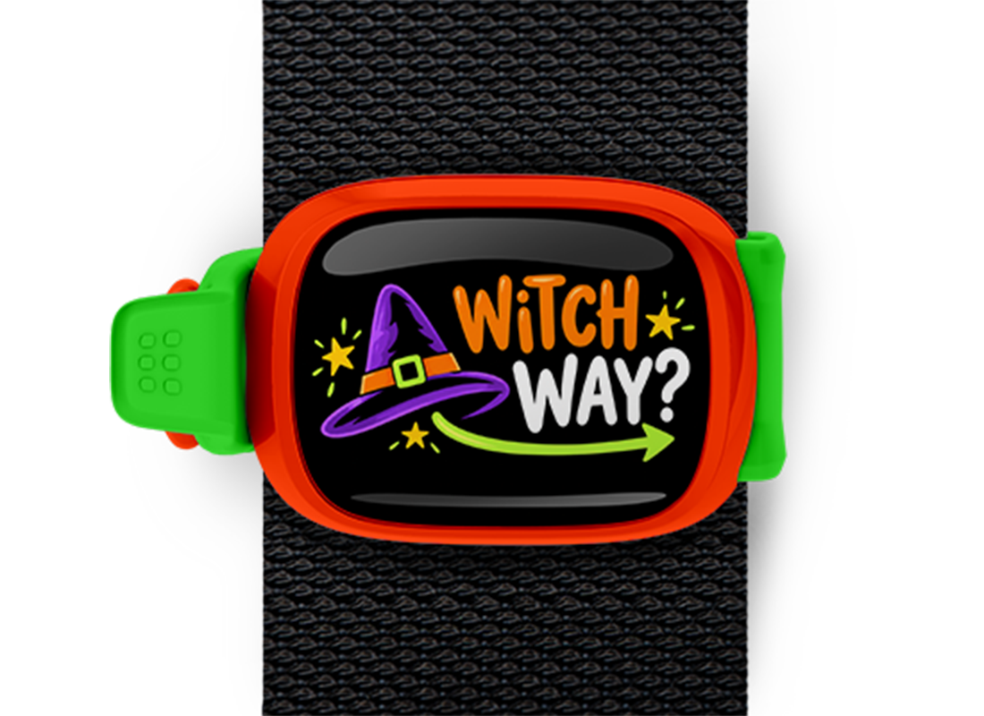 Witch Way? Stwrap Halloween bag tag mounted on a black strap