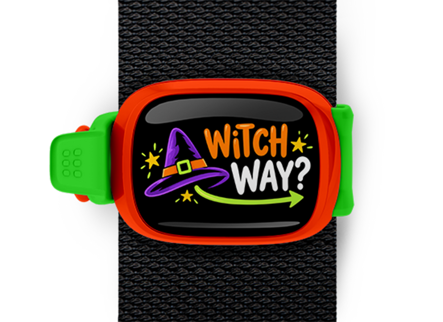 Witch Way? Stwrap Halloween bag tag mounted on a black strap