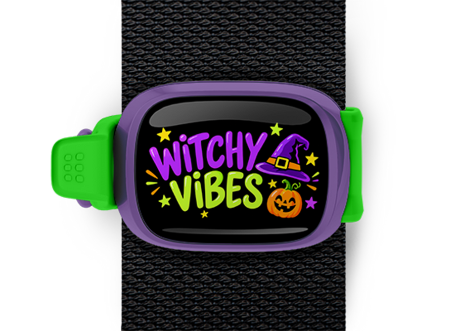 Witchy Vibes Stwrap Halloween bag tag mounted on a black strap