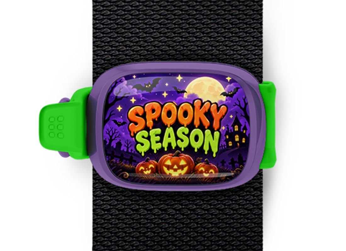 Spooky Season Stwrap Halloween bag tag mounted on a black strap