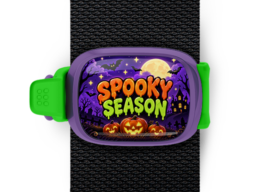 Spooky Season Stwrap Halloween bag tag mounted on a black strap