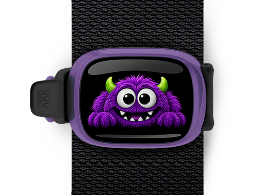 Purple Halloween Monster Stwrap Halloween bag tag mounted on a black strap