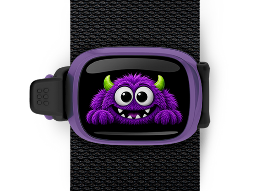 Purple Halloween Monster Stwrap Halloween bag tag mounted on a black strap