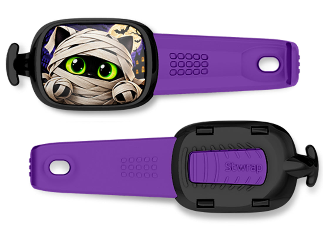 Mummy Cat Stwrap bag tag, front design and back view