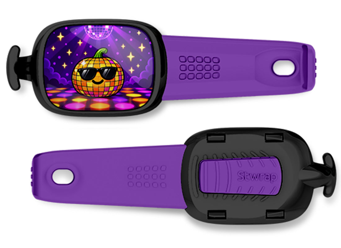 Disco Pumpkin Stwrap bag tag, front design and back view