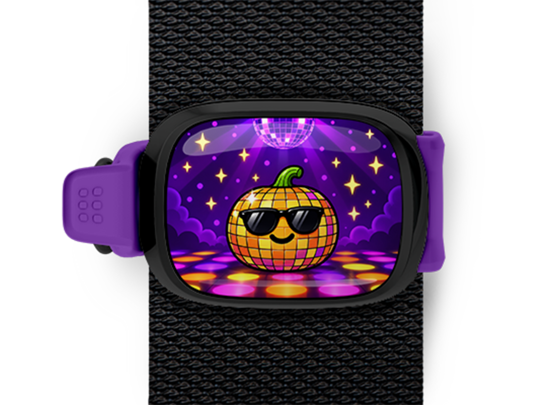 Disco Pumpkin Stwrap Halloween bag tag mounted on a black strap