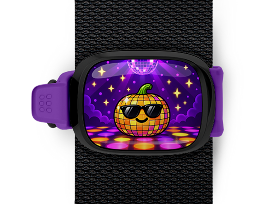 Disco Pumpkin Stwrap Halloween bag tag mounted on a black strap