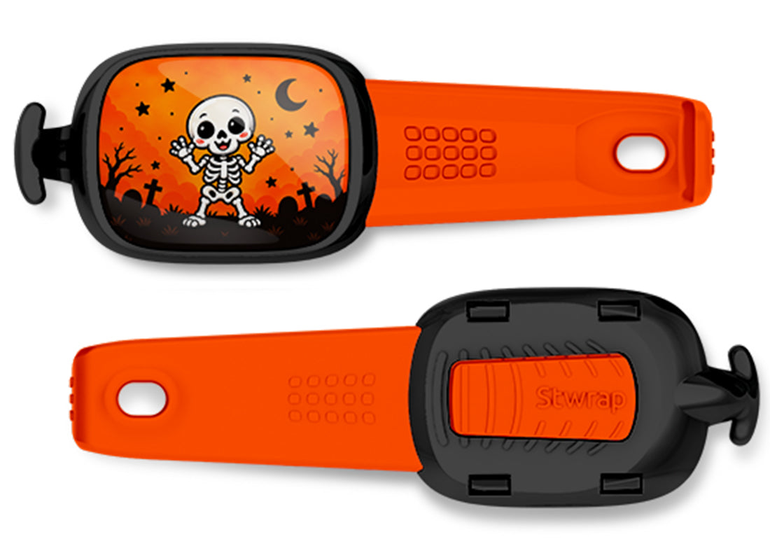 Dancing Skeleton Stwrap bag tag, front design and back view