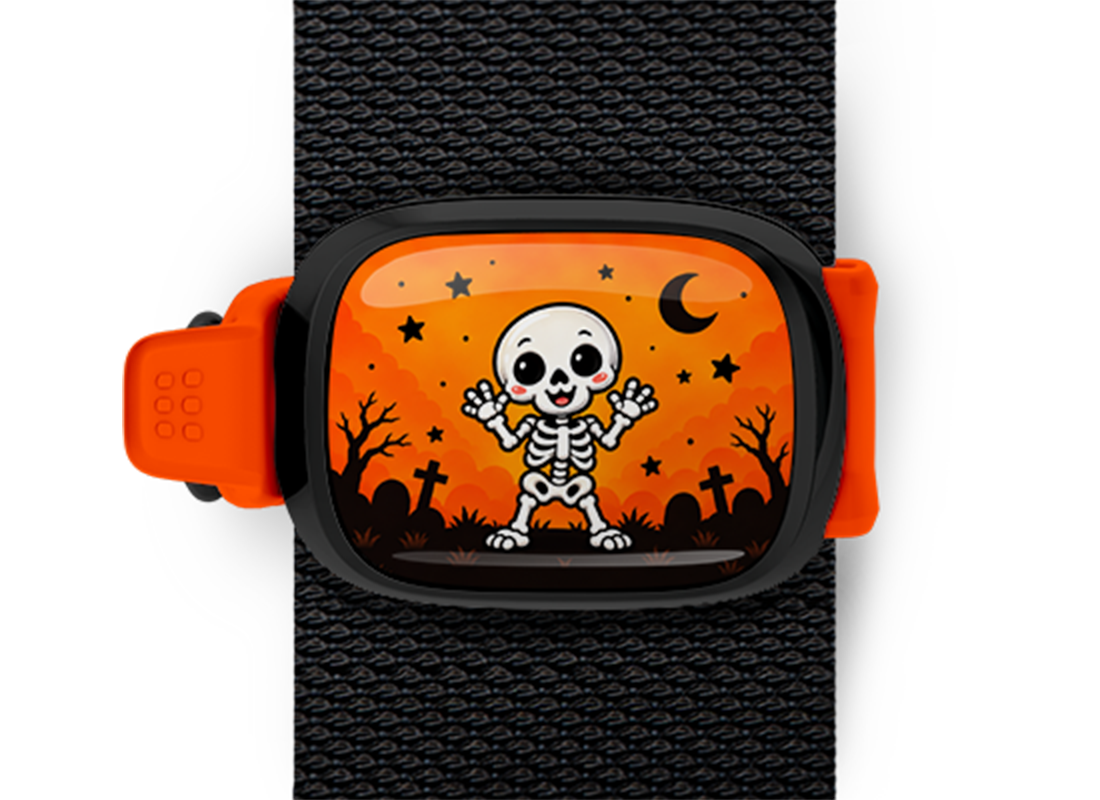Dancing Skeleton Stwrap Halloween bag tag mounted on a black strap