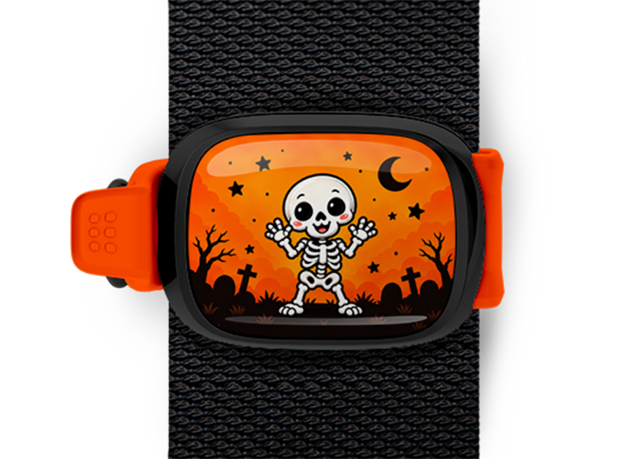 Dancing Skeleton Stwrap Halloween bag tag mounted on a black strap