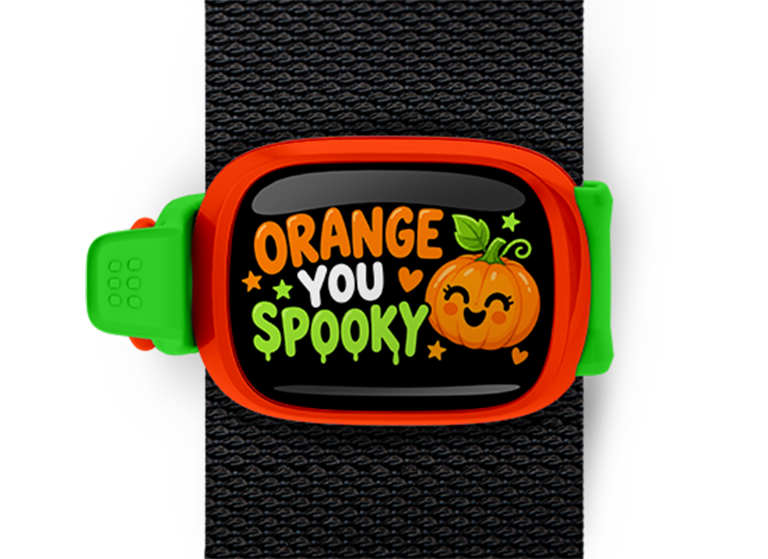Orange You Spooky? Stwrap Halloween bag tag mounted on a black strap