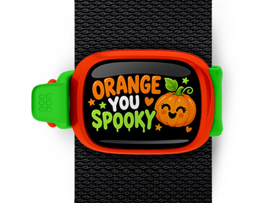 Orange You Spooky? Stwrap Halloween bag tag mounted on a black strap