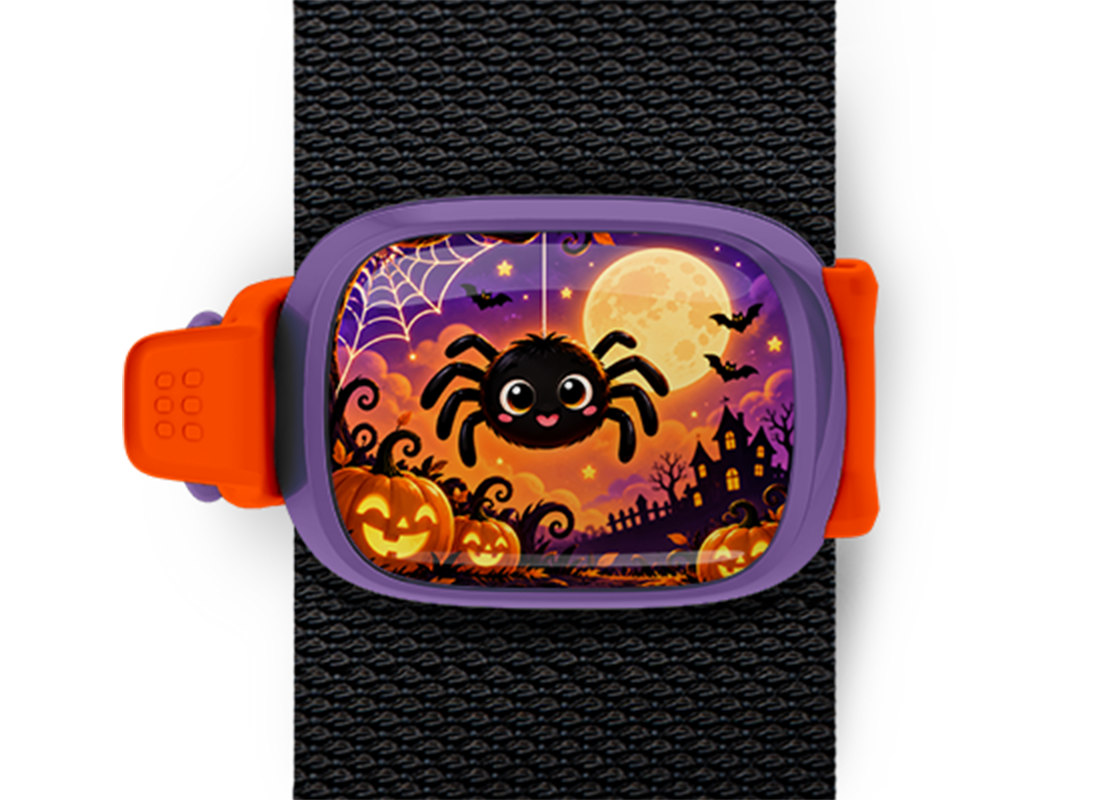 Cute Halloween Spider Stwrap Halloween bag tag mounted on a black strap