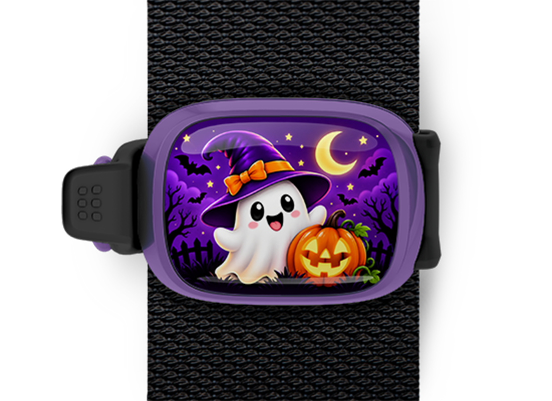 Witchy Ghost Stwrap Halloween bag tag mounted on a black strap