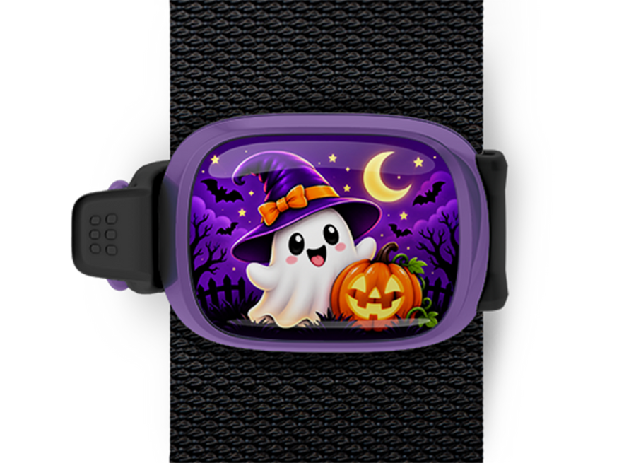 Witchy Ghost Stwrap Halloween bag tag mounted on a black strap
