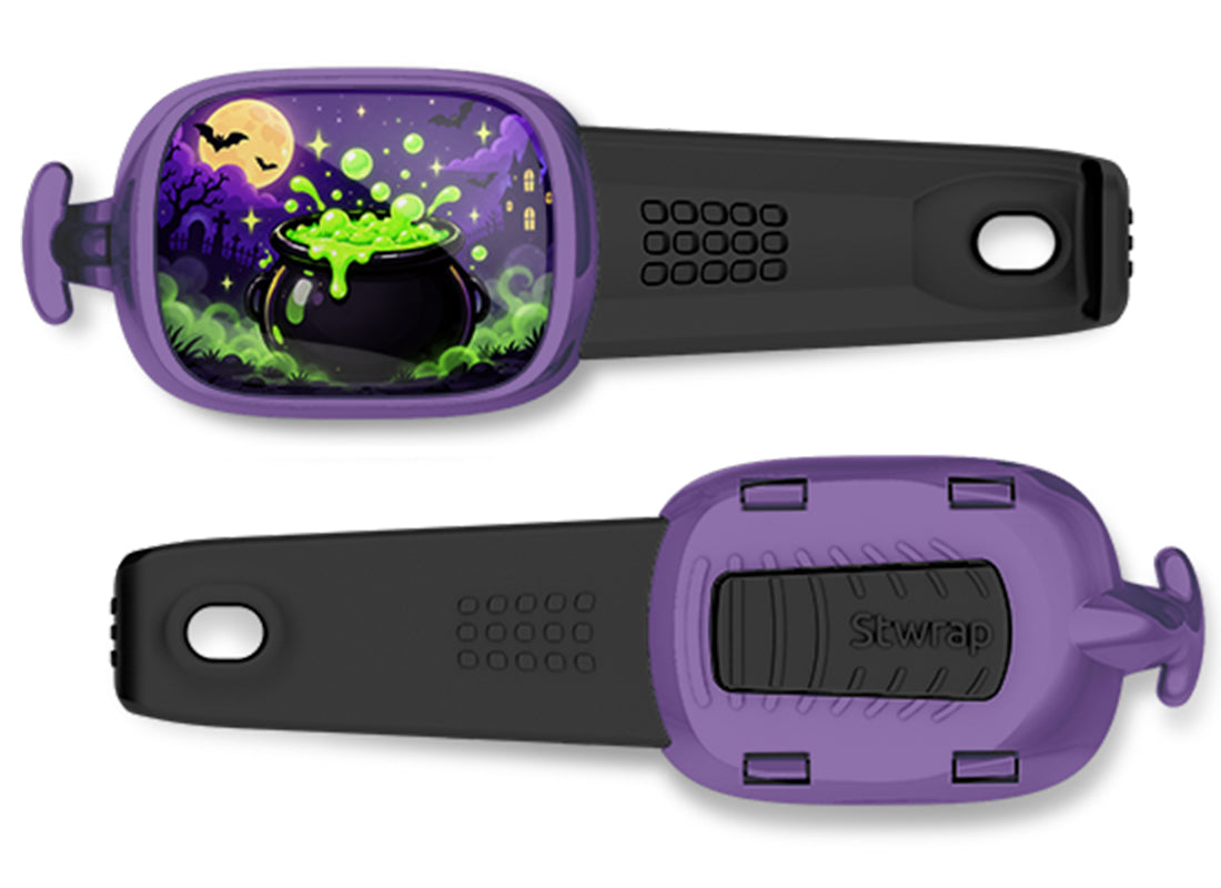 Bubbling Witch Cauldron Stwrap bag tag, front design and back view