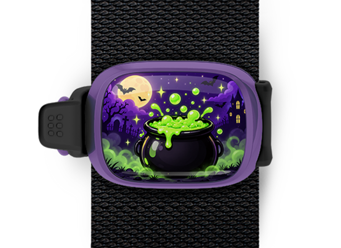 Bubbling Witch Cauldron Stwrap Halloween bag tag mounted on a black strap