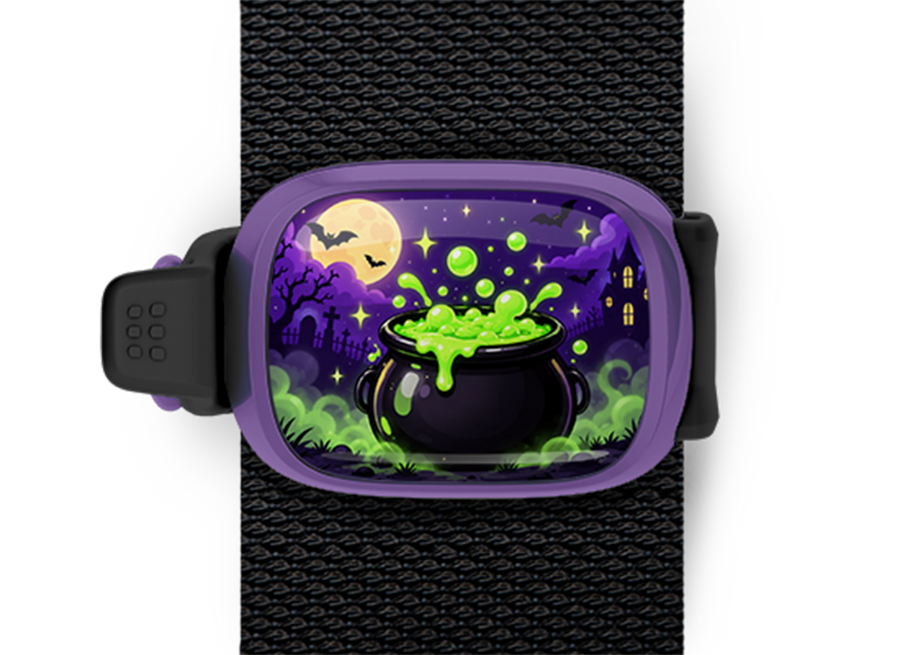 Bubbling Witch Cauldron Stwrap Halloween bag tag mounted on a black strap
