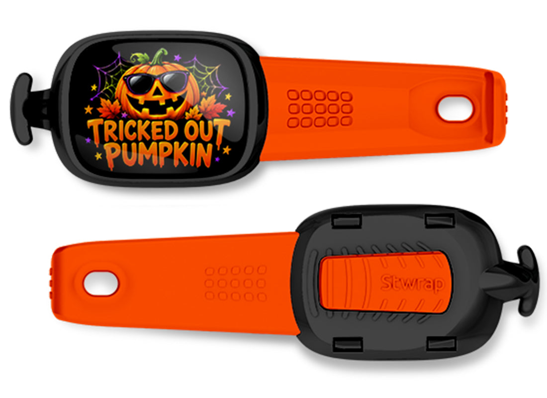 Tricked Out Pumpkin Stwrap bag tag, front design and back view