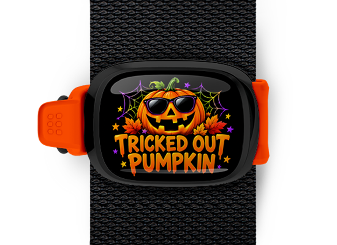 Tricked Out Pumpkin Stwrap Halloween bag tag mounted on a black strap