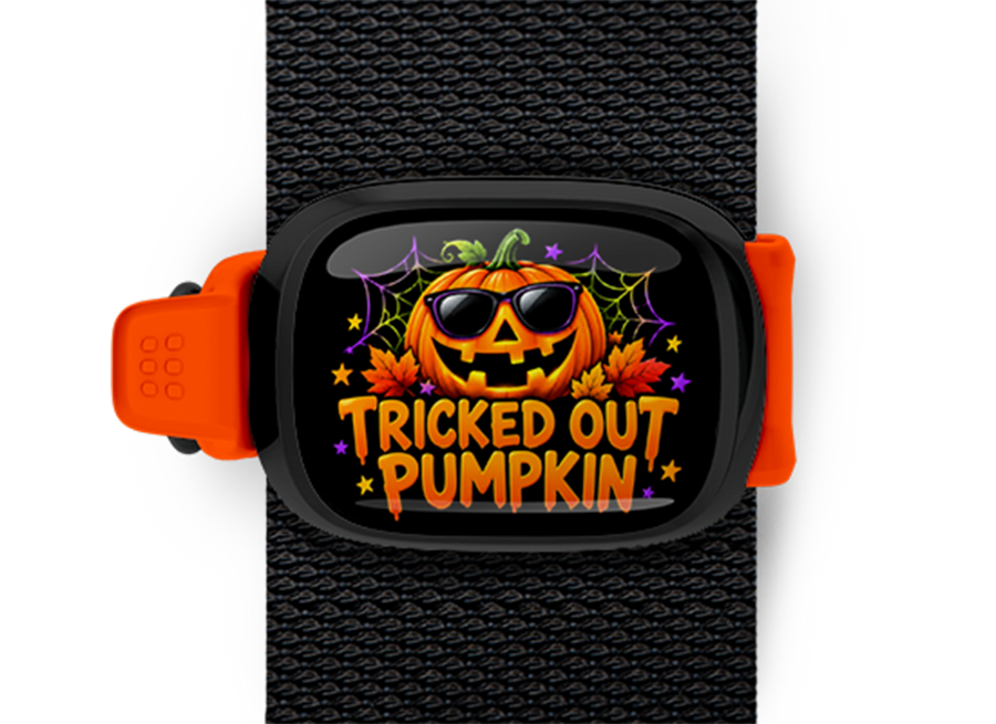 Tricked Out Pumpkin Stwrap Halloween bag tag mounted on a black strap