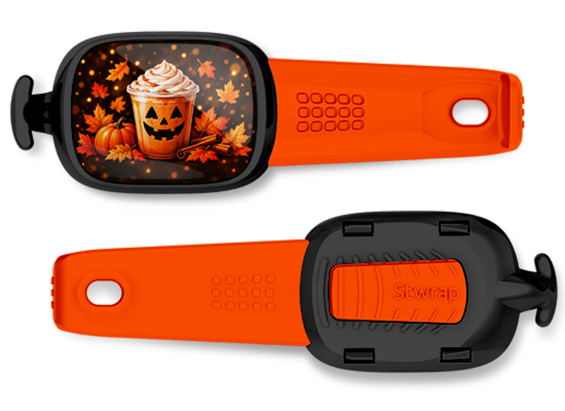 Jack-o'-Lantern Pumpkin Spice Latte Stwrap bag tag, front design and back view